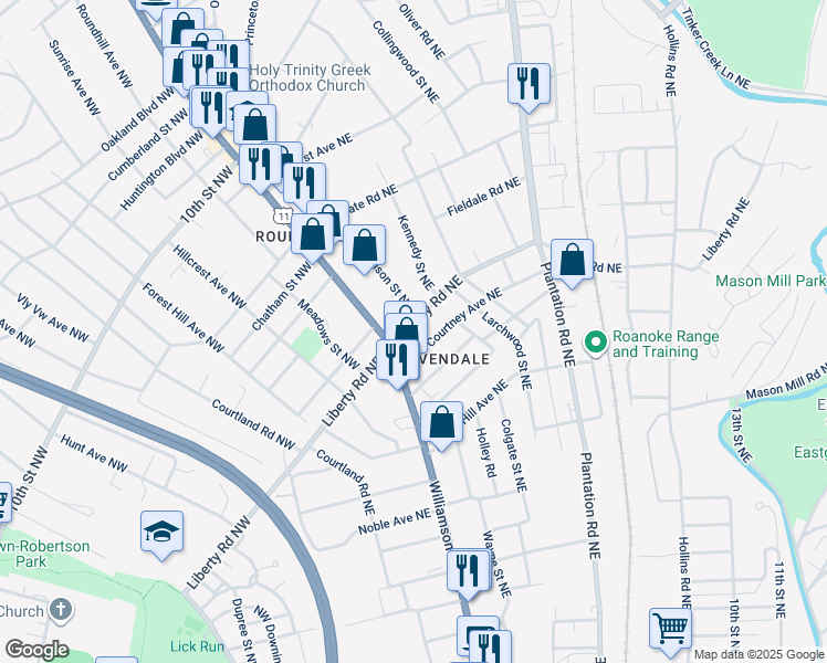 map of restaurants, bars, coffee shops, grocery stores, and more near 119 Liberty Road Northeast in Roanoke