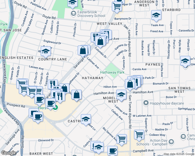 map of restaurants, bars, coffee shops, grocery stores, and more near 1512 Vallejo Drive in San Jose