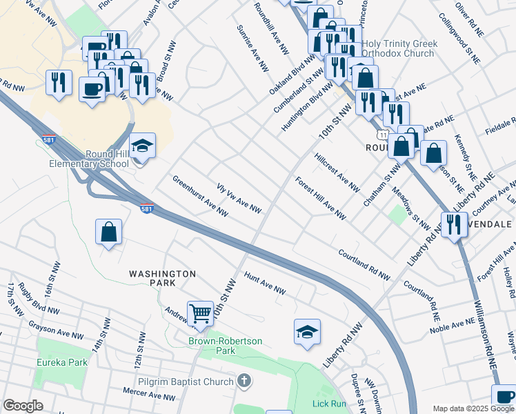 map of restaurants, bars, coffee shops, grocery stores, and more near 3313 Valley View Avenue Northwest in Roanoke