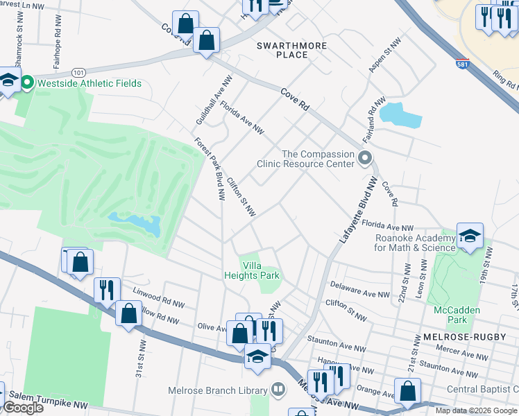 map of restaurants, bars, coffee shops, grocery stores, and more near 2815-2819 Clifton Street Northwest in Roanoke