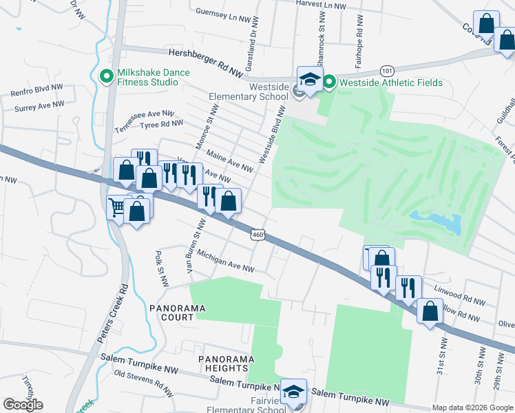map of restaurants, bars, coffee shops, grocery stores, and more near 3814 Vermont Avenue Northwest in Roanoke