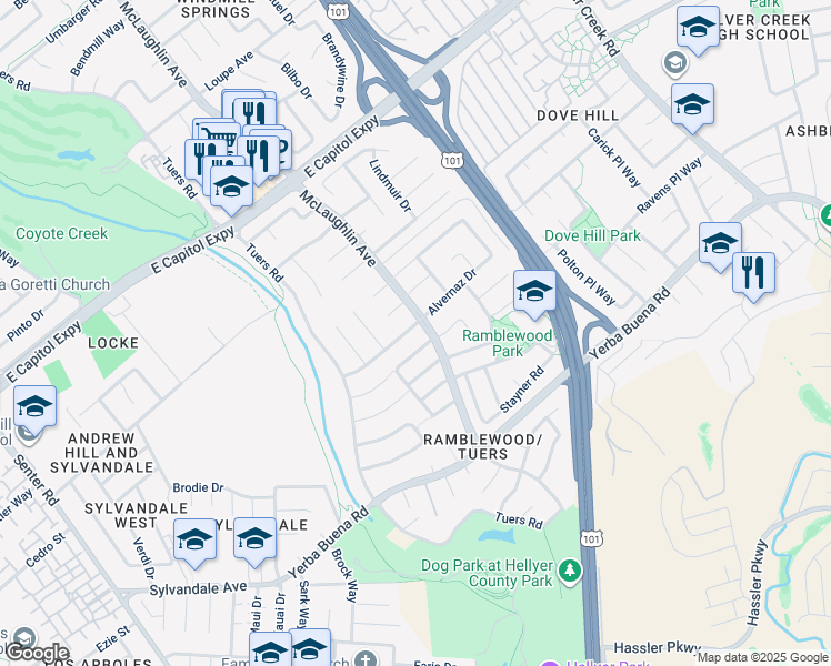map of restaurants, bars, coffee shops, grocery stores, and more near 1188 Alvernaz Drive in San Jose