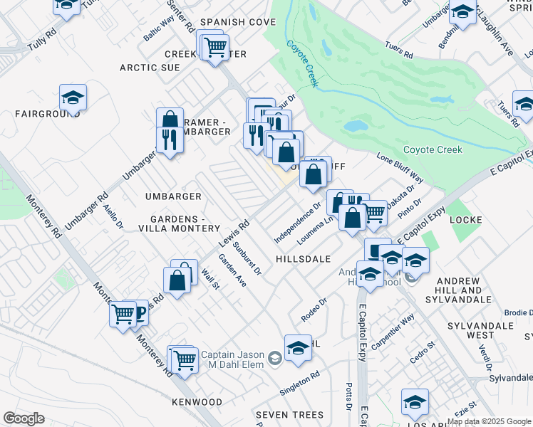 map of restaurants, bars, coffee shops, grocery stores, and more near 485 New Street in San Jose