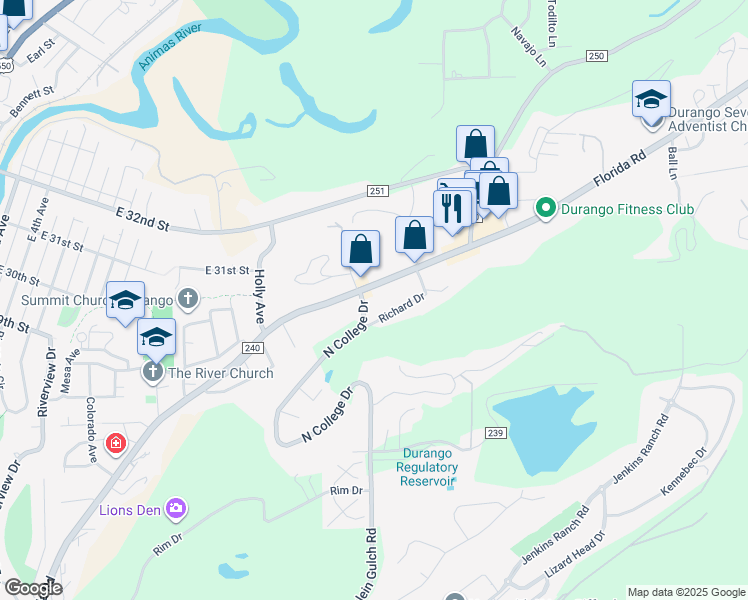 map of restaurants, bars, coffee shops, grocery stores, and more near 1304 Florida Road in Durango