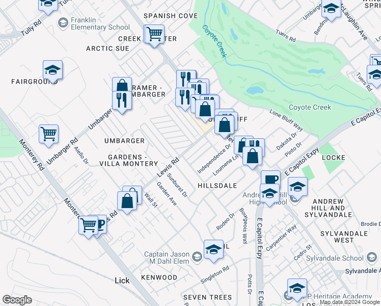 map of restaurants, bars, coffee shops, grocery stores, and more near 485 New Street in San Jose
