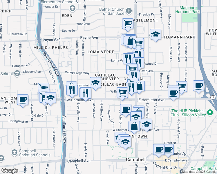 map of restaurants, bars, coffee shops, grocery stores, and more near 1521 Eden Avenue in San Jose