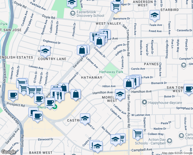 map of restaurants, bars, coffee shops, grocery stores, and more near 1512 Vallejo Drive in San Jose