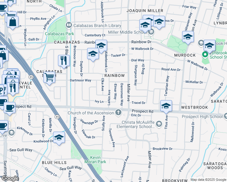 map of restaurants, bars, coffee shops, grocery stores, and more near 1564 Larkin Avenue in San Jose