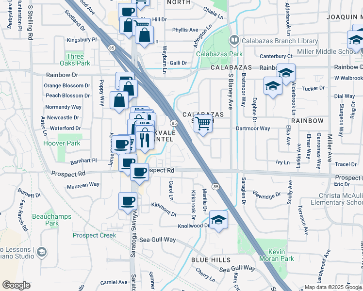map of restaurants, bars, coffee shops, grocery stores, and more near 1583 Brookvale Drive in San Jose