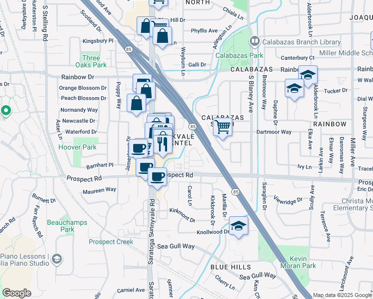 map of restaurants, bars, coffee shops, grocery stores, and more near 7200 Mockingbird Place in San Jose