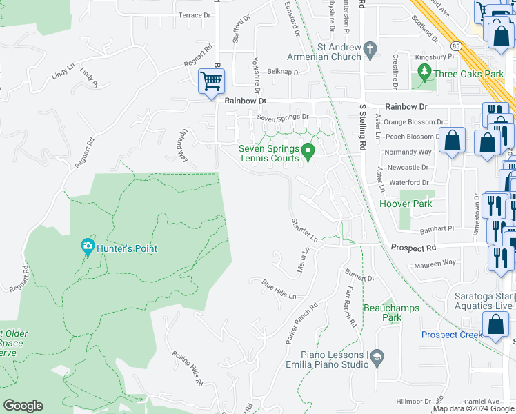 map of restaurants, bars, coffee shops, grocery stores, and more near 11801 Dorothy Anne Way in Cupertino