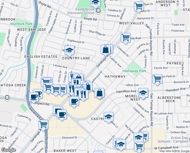 map of restaurants, bars, coffee shops, grocery stores, and more near 11821 Southwood Drive in Saratoga