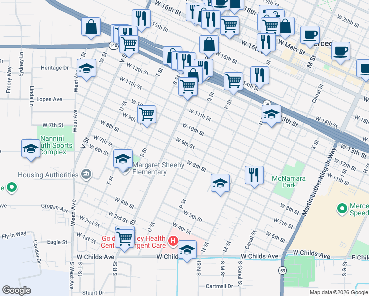 map of restaurants, bars, coffee shops, grocery stores, and more near 1028 West 9th Street in Merced