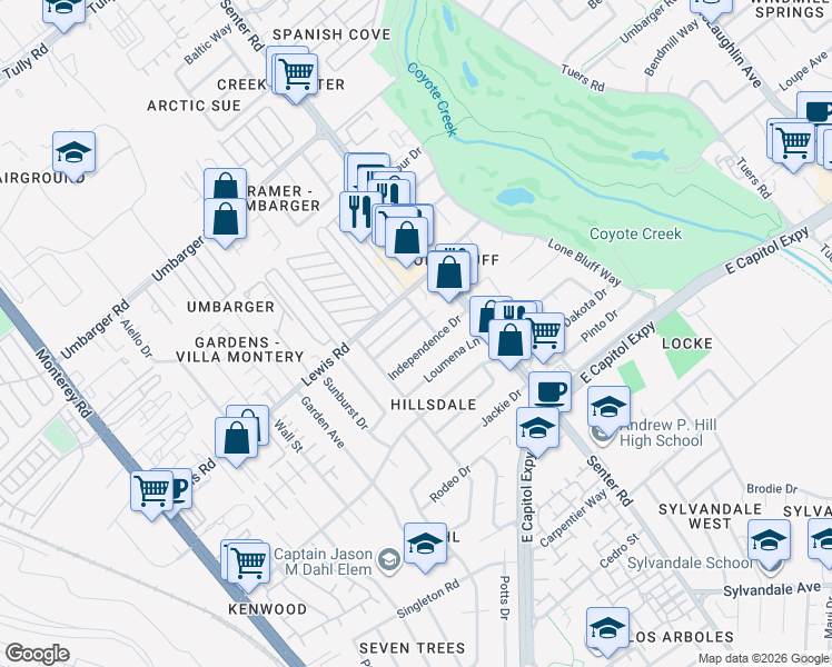 map of restaurants, bars, coffee shops, grocery stores, and more near 475 Pocatello Drive in San Jose