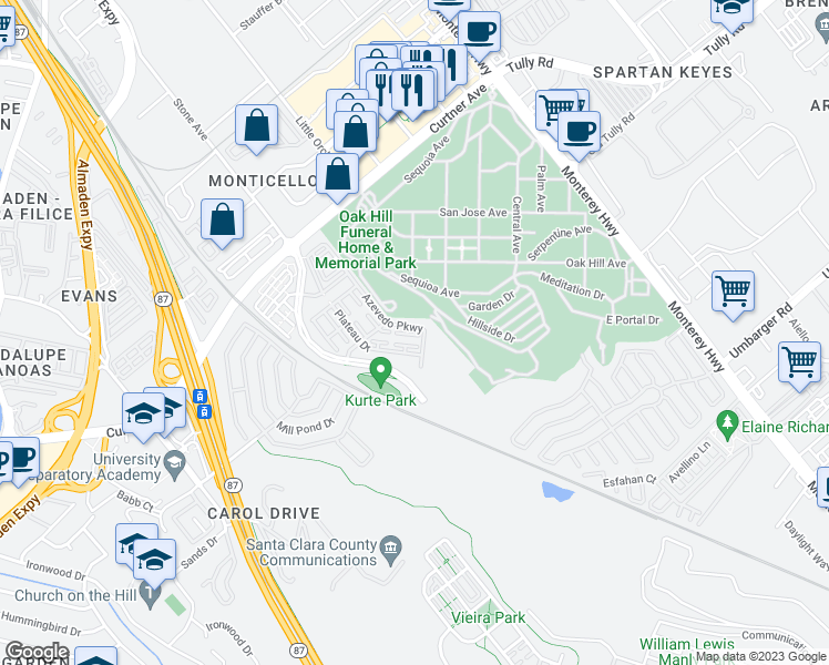 map of restaurants, bars, coffee shops, grocery stores, and more near 2386 Azevedo Parkway in San Jose