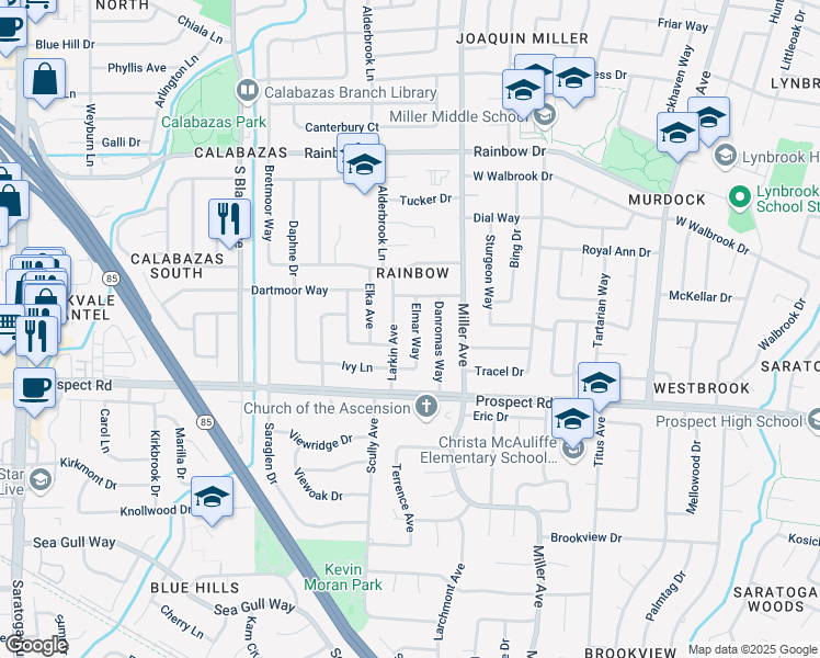 map of restaurants, bars, coffee shops, grocery stores, and more near 1564 Larkin Avenue in San Jose