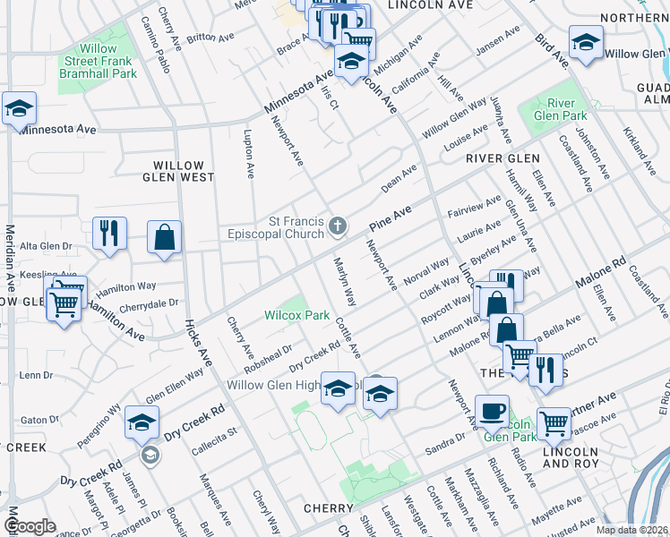 map of restaurants, bars, coffee shops, grocery stores, and more near 1727 Marlyn Way in San Jose