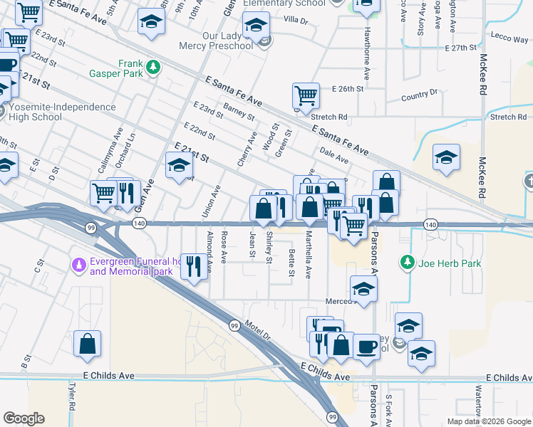 map of restaurants, bars, coffee shops, grocery stores, and more near 1410 East 20th Street in Merced