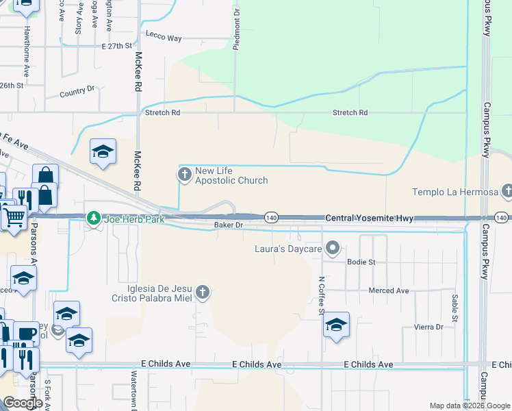 map of restaurants, bars, coffee shops, grocery stores, and more near 2745 Highway 140 in Merced