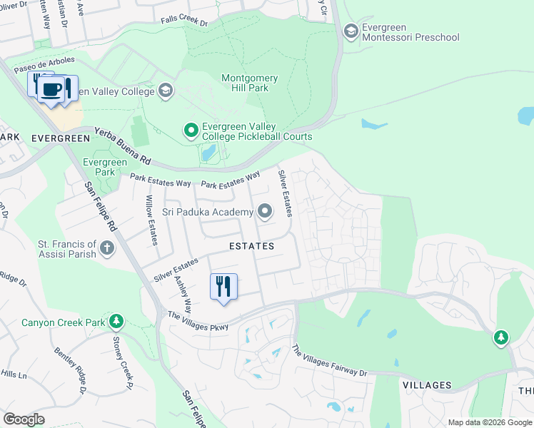 map of restaurants, bars, coffee shops, grocery stores, and more near 3012 Lake Estates Court in San Jose