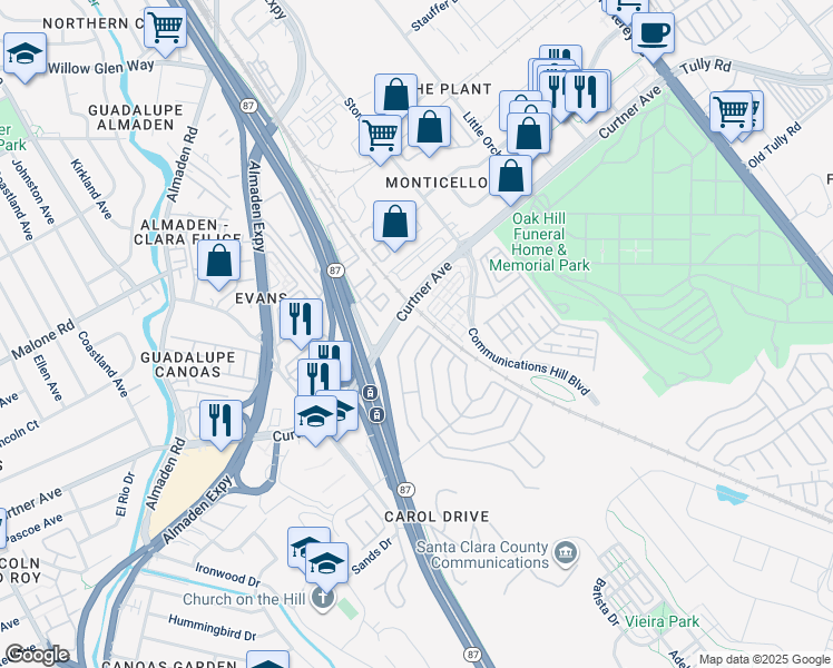 map of restaurants, bars, coffee shops, grocery stores, and more near 556 Mill Pond Drive in San Jose