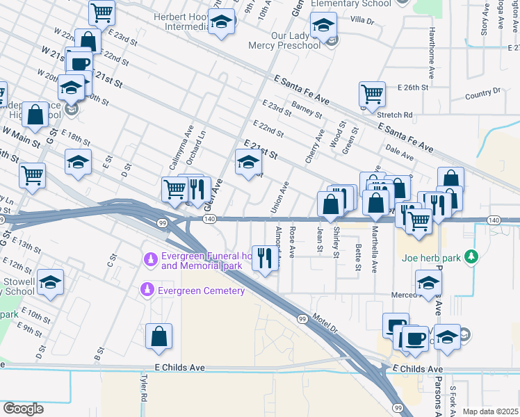 map of restaurants, bars, coffee shops, grocery stores, and more near 1930 Ashwood Drive in Merced