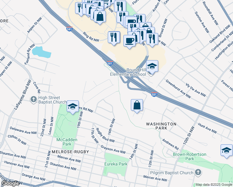 map of restaurants, bars, coffee shops, grocery stores, and more near 1645 Norris Drive Northwest in Roanoke