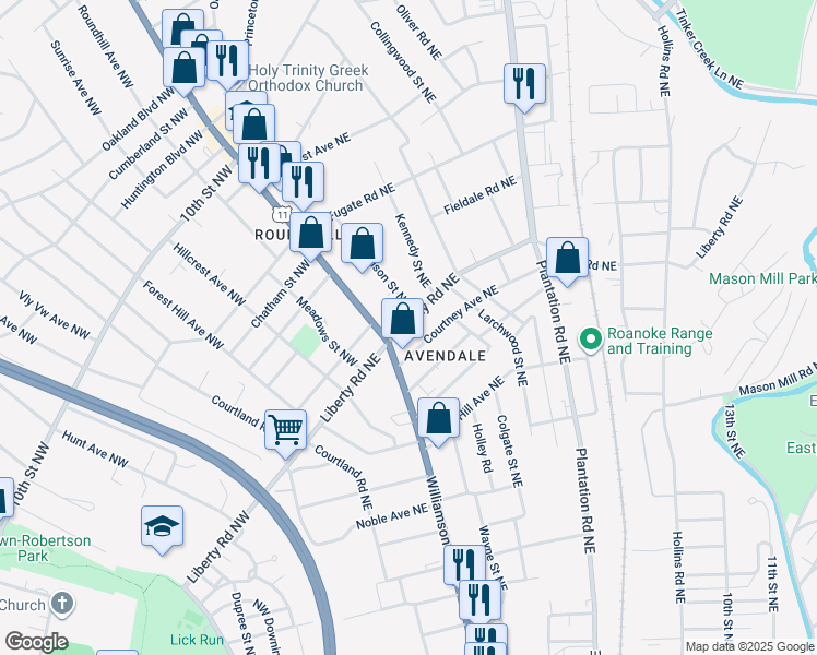 map of restaurants, bars, coffee shops, grocery stores, and more near 119 Liberty Road Northeast in Roanoke