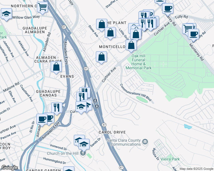 map of restaurants, bars, coffee shops, grocery stores, and more near 556 Mill Pond Drive in San Jose