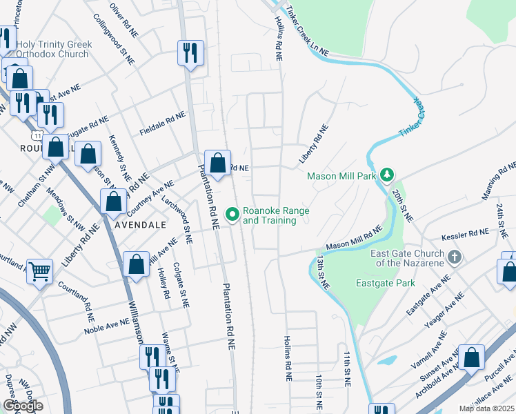map of restaurants, bars, coffee shops, grocery stores, and more near 2323 Ridgefield Street Northeast in Roanoke