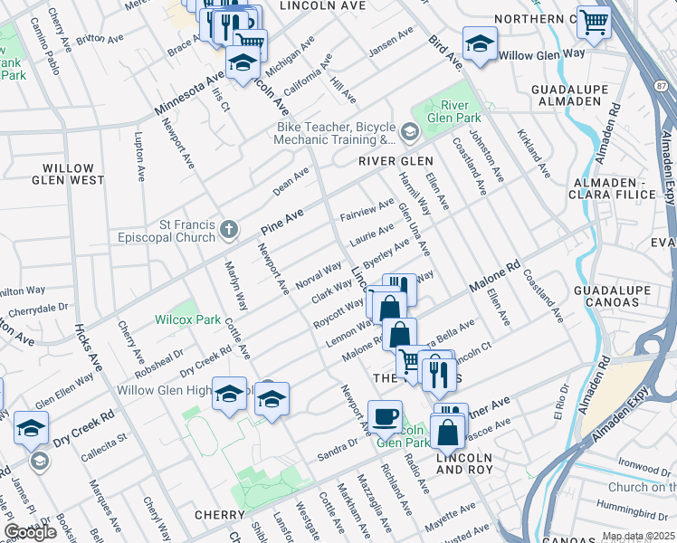 map of restaurants, bars, coffee shops, grocery stores, and more near 1110 Norval Way in San Jose