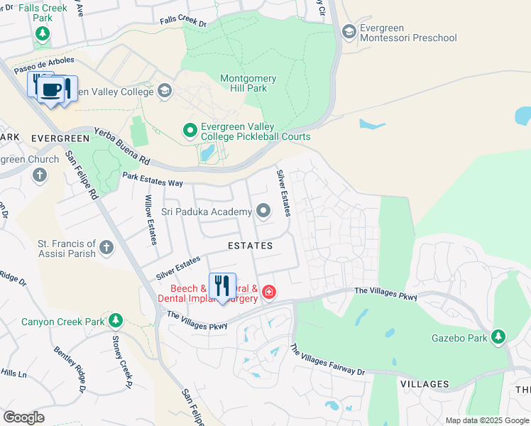 map of restaurants, bars, coffee shops, grocery stores, and more near 3012 Lake Estates Court in San Jose