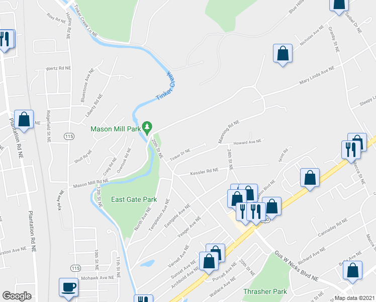 map of restaurants, bars, coffee shops, grocery stores, and more near 2001 Tinker Drive Northeast in Roanoke