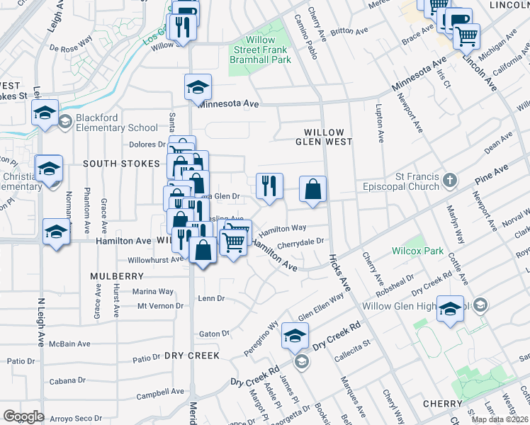 map of restaurants, bars, coffee shops, grocery stores, and more near 1515 Alta Glen Drive in San Jose