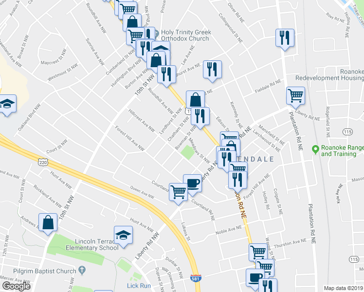 map of restaurants, bars, coffee shops, grocery stores, and more near 2611 Bowman Street Northwest in Roanoke