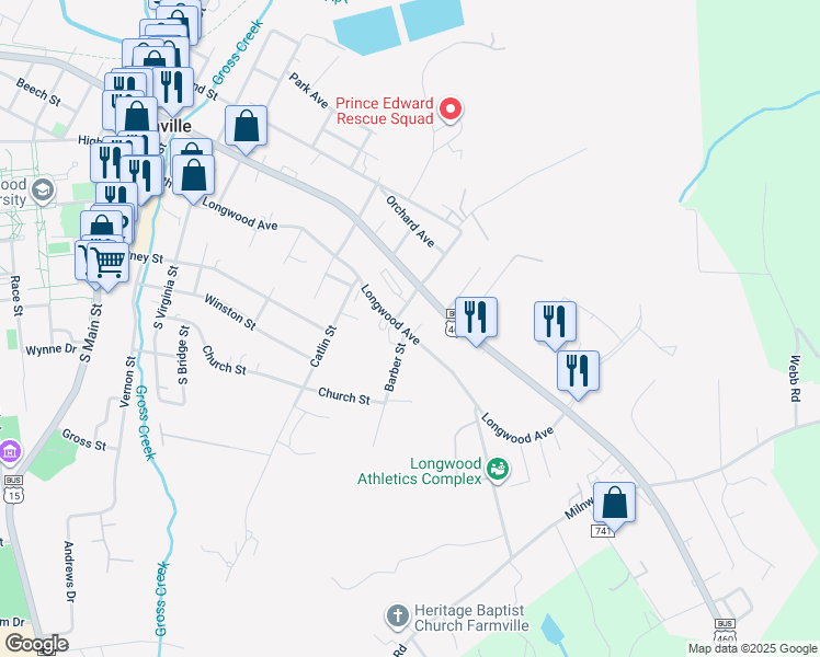 map of restaurants, bars, coffee shops, grocery stores, and more near 1006 Longwood Avenue in Farmville