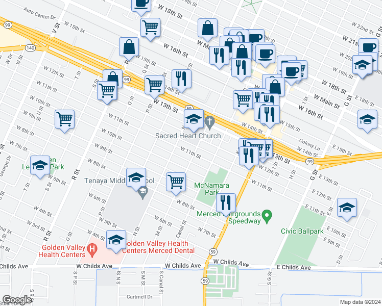 map of restaurants, bars, coffee shops, grocery stores, and more near 603 West 11th Street in Merced