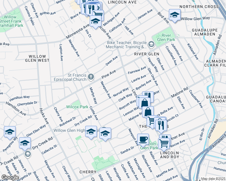 map of restaurants, bars, coffee shops, grocery stores, and more near 1176 Laurie Avenue in San Jose
