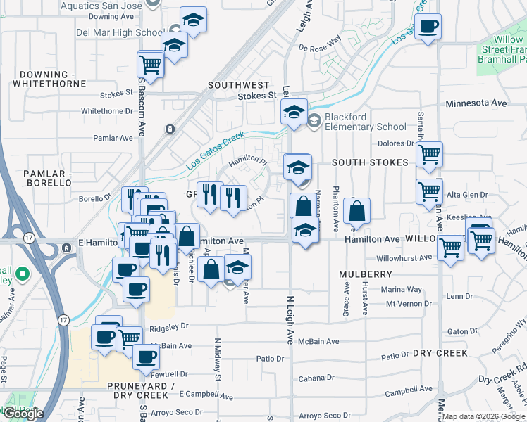 map of restaurants, bars, coffee shops, grocery stores, and more near 1661 Braddock Court in San Jose