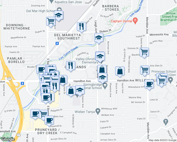 map of restaurants, bars, coffee shops, grocery stores, and more near 1661 Braddock Court in San Jose