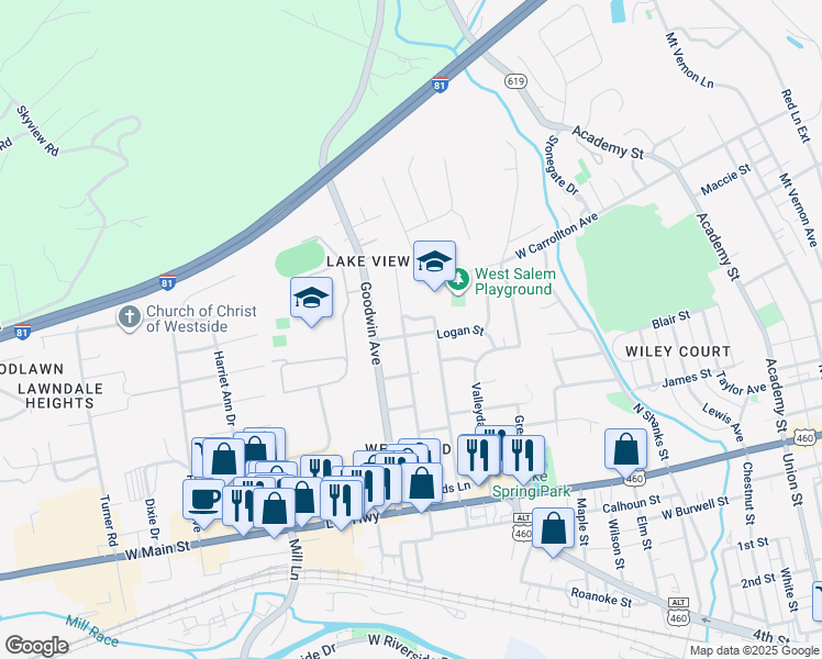 map of restaurants, bars, coffee shops, grocery stores, and more near 500 Bruffey Street in Salem