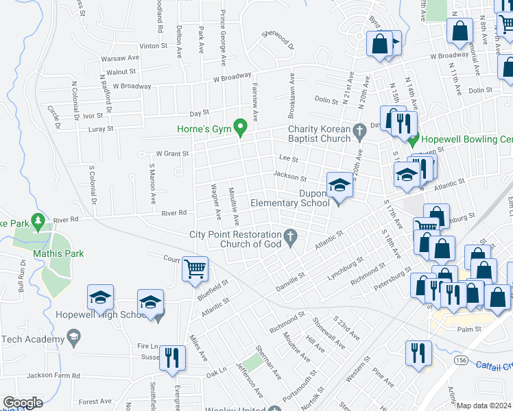 map of restaurants, bars, coffee shops, grocery stores, and more near 2607 Gordon Street in Hopewell
