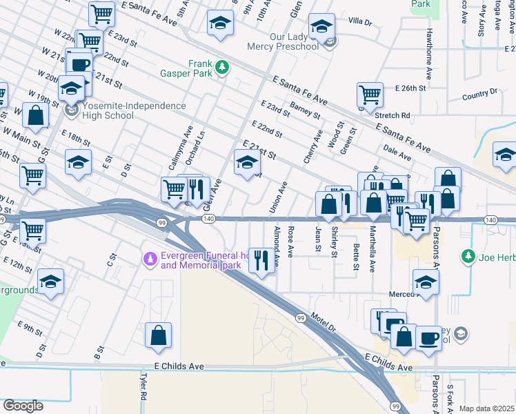 map of restaurants, bars, coffee shops, grocery stores, and more near 1930 Ashwood Drive in Merced