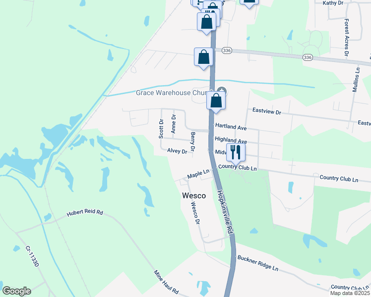 map of restaurants, bars, coffee shops, grocery stores, and more near 233 Alvey Drive in Madisonville