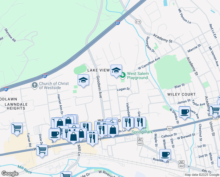 map of restaurants, bars, coffee shops, grocery stores, and more near 500 Bruffey Street in Salem