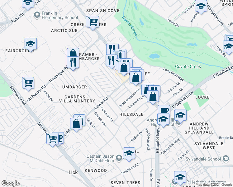 map of restaurants, bars, coffee shops, grocery stores, and more near 485 New Street in San Jose