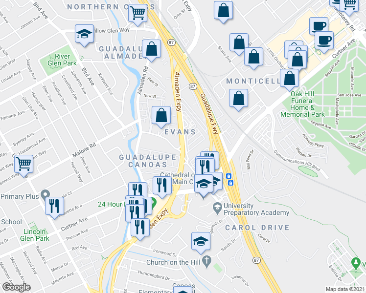 map of restaurants, bars, coffee shops, grocery stores, and more near 2180 Canoas Garden Avenue in San Jose