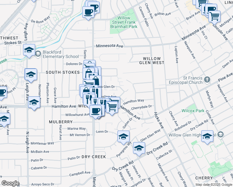 map of restaurants, bars, coffee shops, grocery stores, and more near 1549 Keesling Avenue in San Jose