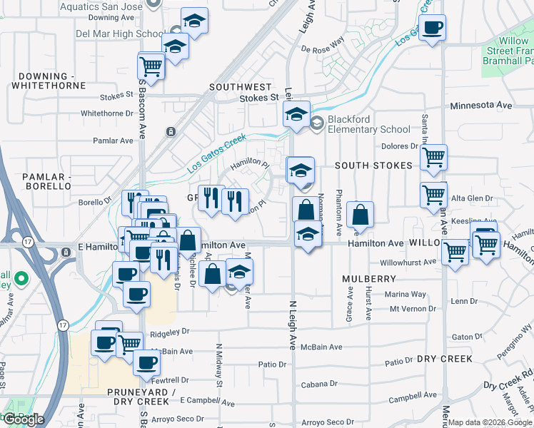 map of restaurants, bars, coffee shops, grocery stores, and more near 1657 Braddock Court in San Jose