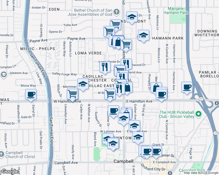 map of restaurants, bars, coffee shops, grocery stores, and more near 3143 Impala Drive in San Jose